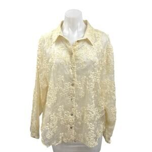 NEW Zara White Textured Floral Chiffon Long Sleeve Button Down Shirt Blouse XL